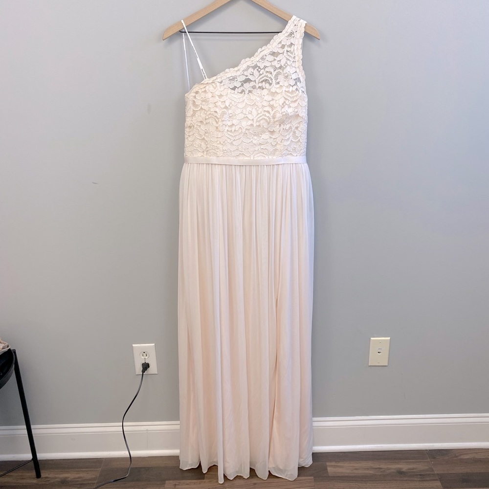 David’s Bridal Pale Blush Pink One Shoulder Lace Chiffon Dress